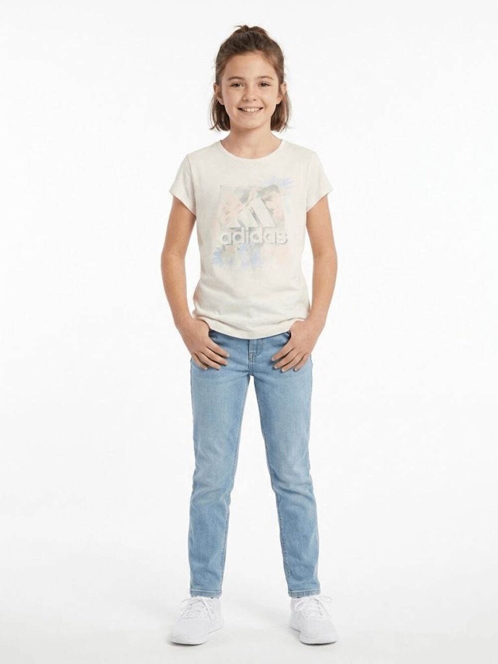 adidas Girls Cream/Off-White Short Sleeve Graphic T-Shirt Floral Size L NWT